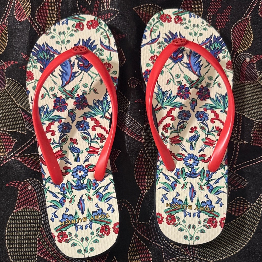 Tory Burch Floral Sandals - Red White and Blue